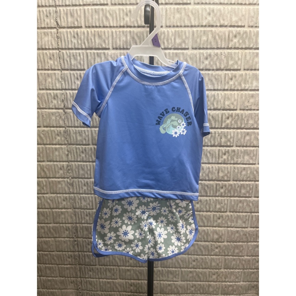 Wonder Nation Baby Boy 2 Piece Rash Guard Swimsuit Set Blue Floral 12M UPF 50+